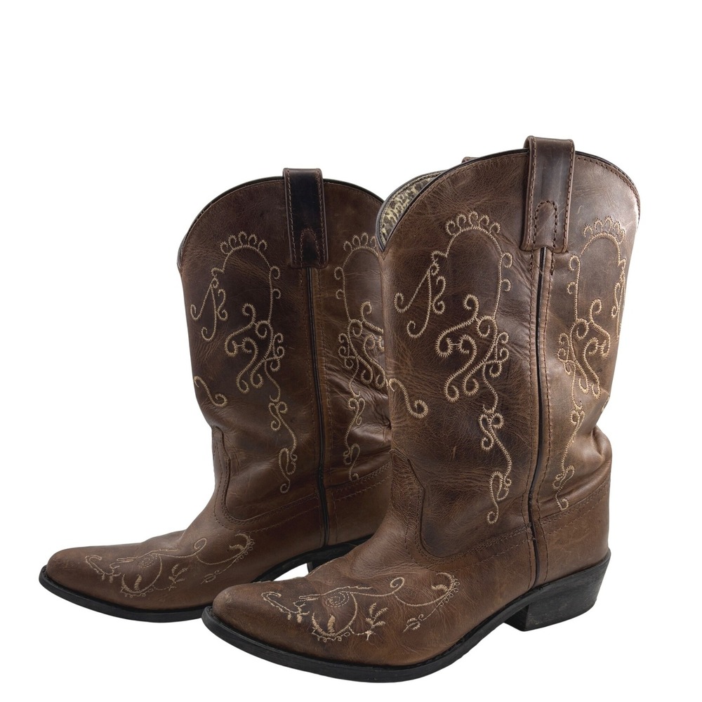 Smoky Mountain Youth Jolene Cowgirl Boots 4Y Brown Leather Snip Toe Embroidered